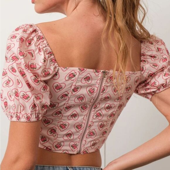 Pretty Garbage Pink Rose Heart Print Corset Crop Top Puffed Sleeves NEW - Picture 12 of 13